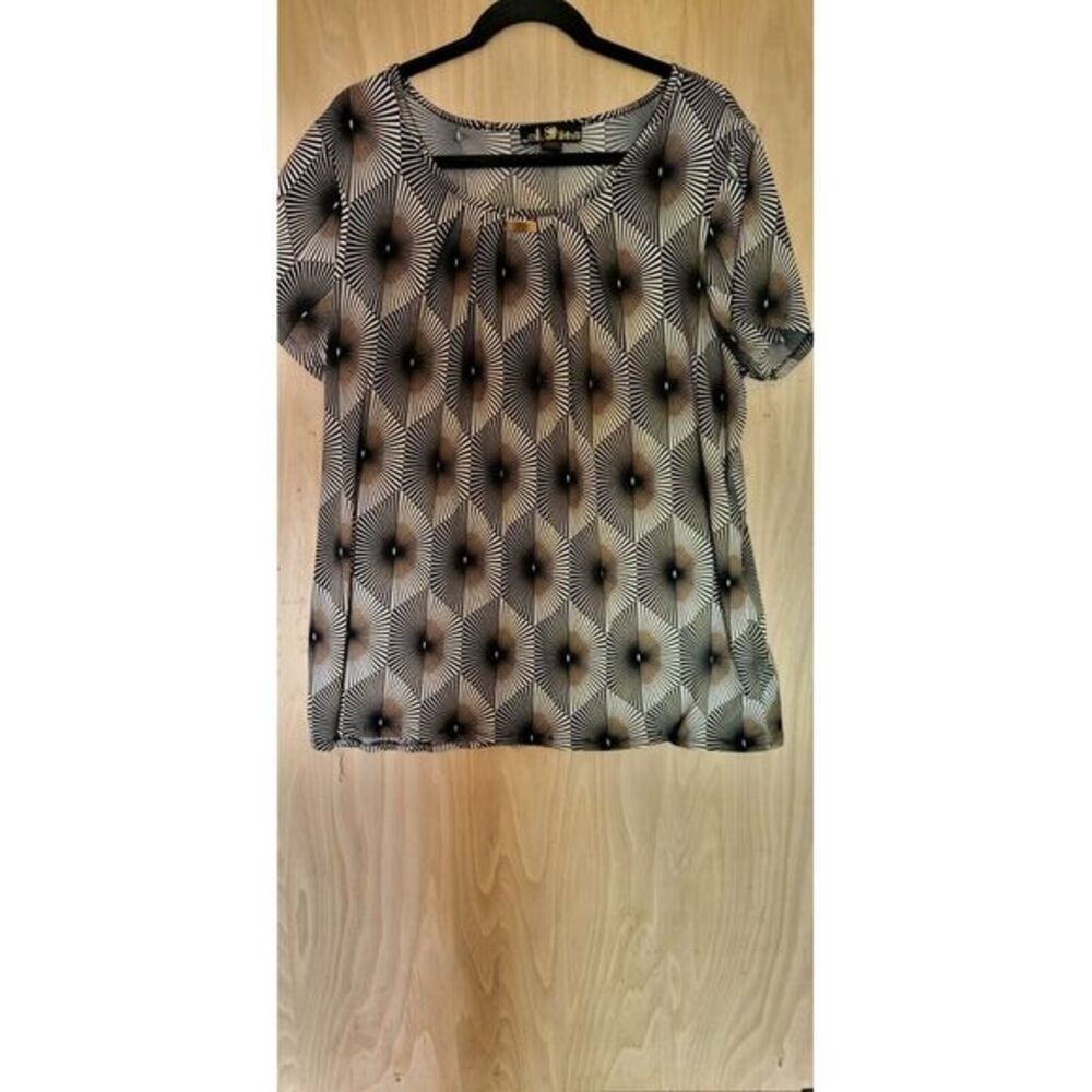 80 Park Womens 2X Geometric Sunburst Print Scoop Neck Blouse Black Tan White